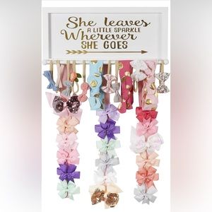 White Hair Bow Holder Organizer for Girls, Pink Burlap Ribbons, Headband